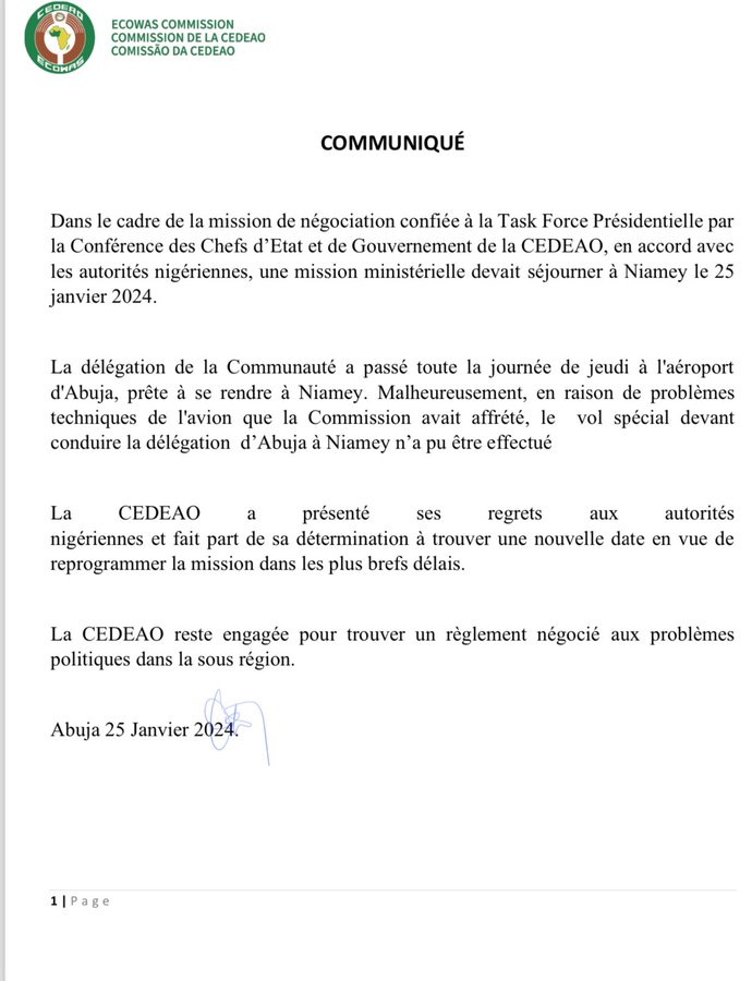 Communique CEDEAO Niger 25 01 2024