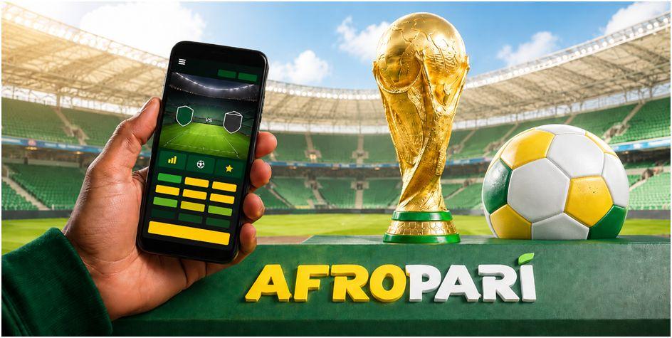 Un téléphone avec une interface de paris devant le trophée et le ballon de football dans un stade illuminé