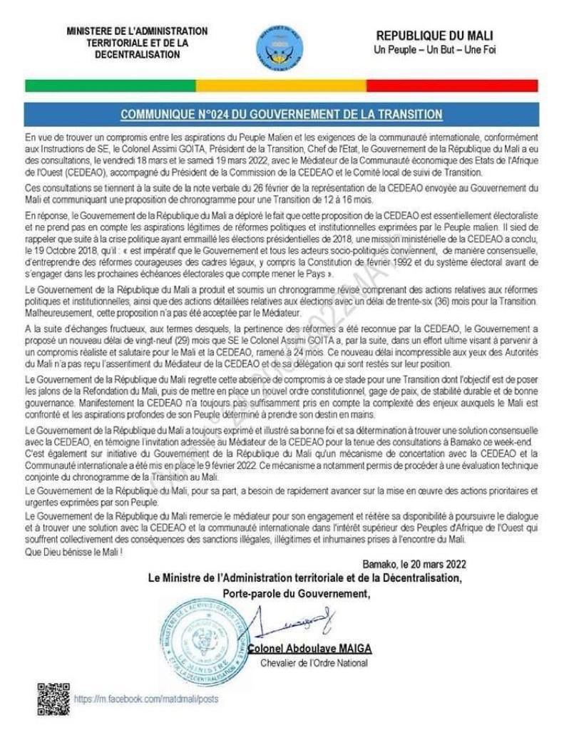 Communique Gouv Transition Mali 20 03 2022