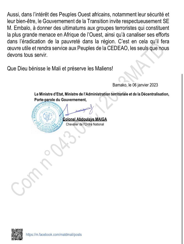 communique gouvernement mali 06 01 2023 BIS1