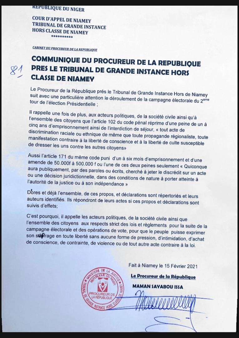 Communique procureur Niamey 15 02 2021