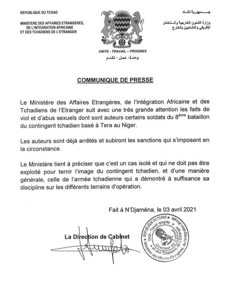 communique affaire etrangere Tchad